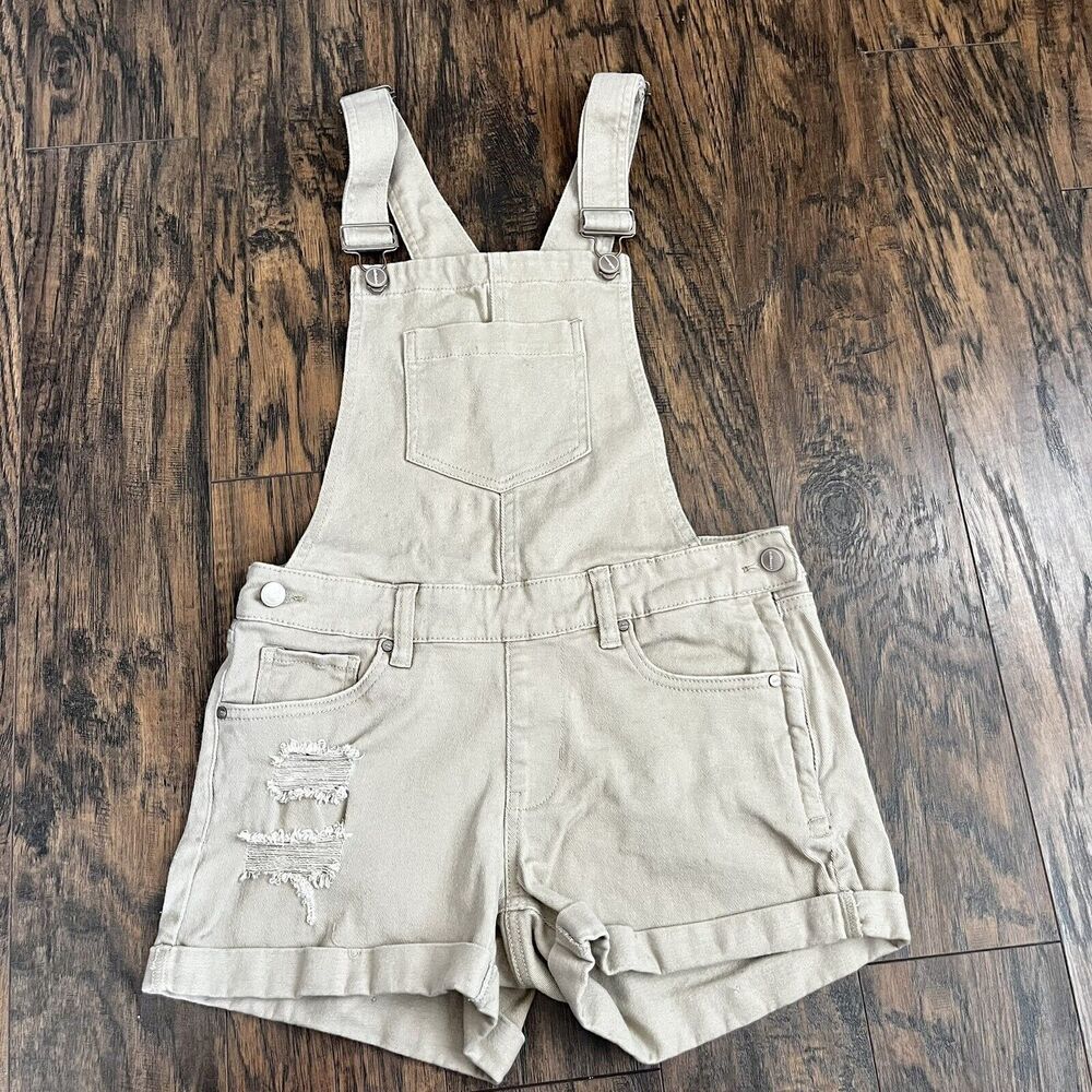 Dollhouse Juniors Denim Short Overalls Distressed Khaki Size 3